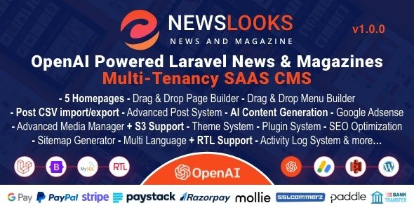 NewsLooks SAAS | OpenAI Powered News & Magazines Multi-Tenancy SAAS CMS Nulled