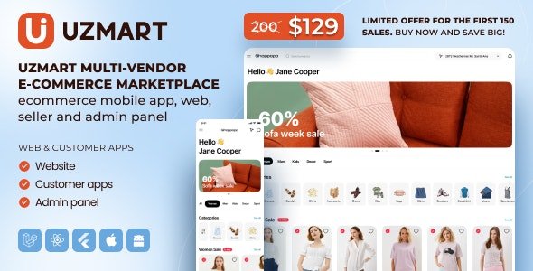 UzMart Multi-Vendor E-commerce Marketplace - eCommerce Mobile App, Web, Seller and Admin Panel Nulled